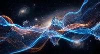 Abstract digital wave forms flowing through cosmic space with glowing particles and starfield background for futuristic technology designs.