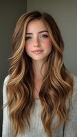 Young Caucasian woman with long wavy blonde highlighted hair wearing cream sweater against neutral background for beauty and lifestyle concepts.