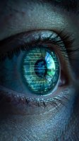 Close-up of human eye with digital code and holographic data overlay reflecting in iris, representing technology, artificial intelligence, cybersecurity and digital vision.
