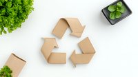 Recycling symbol made from kraft paper arrows on white background with green plants. Eco-friendly concept for sustainable packaging and environmental conservation.