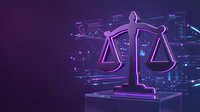Digital justice scales with holographic legal data interfaces in purple and blue neon lighting for legal technology and law firm presentations.