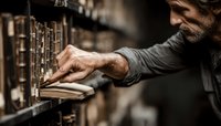 Middle-aged Caucasian man in casual attire searching through vintage library card catalog drawer, atmospheric lighting creates nostalgic mood in traditional library setting.