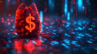Glowing red money bag with dollar symbol on futuristic circuit board background with blue technology elements and bokeh lights, digital finance concept.
