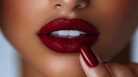 Close up of sensual dark red lips with matching manicured nail, showing glamorous makeup application and beauty details against soft blurred background.