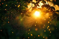 Spider web glistening in morning sunlight with bokeh effect and dew drops. Golden sunrise through forest leaves creates magical natural atmosphere.