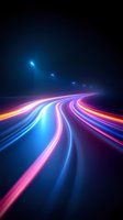 Glowing neon light trails curve along dark highway with street lamps, creating dynamic motion effect in blue, pink and orange colors against night background.