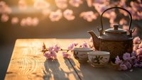 Traditional cast iron teapot with ceramic cup on wooden table surrounded by cherry blossoms in warm golden sunset light creating peaceful tea ceremony atmosphere.