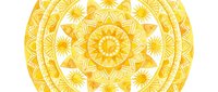 Bright yellow mandala pattern with intricate geometric sun motifs and concentric circular designs, isolated on white background for design projects.