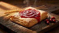 Freshly baked puff pastry with berry jam on rustic wooden board, warm steam rising, golden flaky layers dusted with powdered sugar for bakery menu.