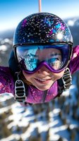 Young female skier with sparkly helmet and purple goggles smiling on snowy mountain slope during winter vacation adventure sports activity.