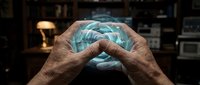 Mature male hands holding glowing blue crystal ball with digital holographic network visualization, representing future technology, artificial intelligence, and data analysis for business concepts.