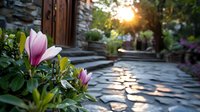 Pink magnolia flowers along stone pathway leading to rustic wooden door at sunset, with sunburst through trees creating magical garden atmosphere.