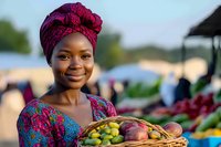 Young African woman in traditional colorful headwrap and dress smiling while holding basket of fresh fruits at outdoor market for cultural lifestyle content.