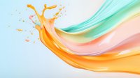 Vibrant orange liquid splash with flowing turquoise and peach waves creating dynamic motion against light blue background, suitable for cosmetic advertising.