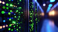 Glowing green and blue lights in server room create futuristic technology atmosphere with bokeh effect and reflective surfaces showing modern data center infrastructure.