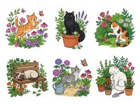 Cats playing among blooming flowers and potted plants, isolated on white background, ready for t-shirt designs, stickers, and clipart applications.