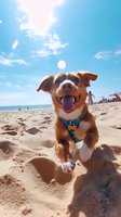 Happy mixed breed dog wearing blue harness running on sandy beach with ocean and summer sky background, capturing pure joy and playful energy.
