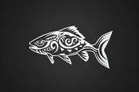 Decorative fish silhouette with tribal swirl pattern design on dark background. White line art drawing features ornamental curves and abstract elements.