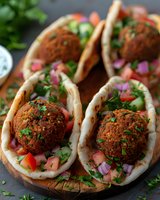 Freshly made falafel served in pita bread with chopped vegetables, herbs and red onions. Middle Eastern street food with crispy chickpea balls garnished with parsley.