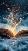 Open book with magical golden light particles and bokeh effects creating enchanting atmosphere for education, fantasy storytelling and knowledge concepts.