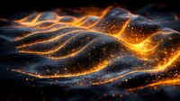 Glowing orange waves with sparkling particles flow through dark space creating mesmerizing abstract background with luminous motion effect.