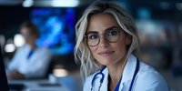 Young blonde female doctor with glasses and stethoscope smiling confidently in modern hospital setting with medical equipment and monitors in background.