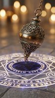 Ornate bronze pendulum hovering over mystical divination circle with ancient symbols and warm bokeh lights creating magical atmosphere for spiritual practices.
