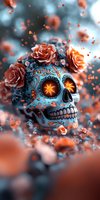 Mexican sugar skull decorated with coral roses and turquoise patterns glowing with mystical orange light against blurred dark background with floating petals.