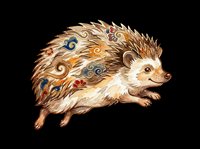Watercolor hedgehog with ornate Asian-style cloud motifs in gold, red, and blue, isolated on transparent background. Great for stickers, t-shirt design, and print on demand.