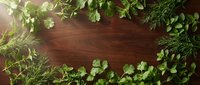 Fresh herbs frame on rustic wooden background with parsley, dill and cilantro creating natural border for culinary design and cooking content.