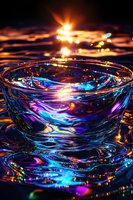Luminescent glass bowl with swirling iridescent liquid creating magical light reflections and rainbow patterns against dark background, dramatic macro photography.