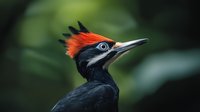 Close-up portrait of pileated woodpecker with distinctive red crest and black plumage against blurred green background, showing sharp beak and striking blue eye.