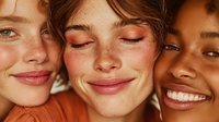 Three diverse young women with natural freckled skin and warm smiles showcasing authentic beauty and friendship in close-up portrait for skincare campaigns.