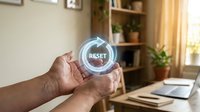 Hands holding glowing reset button in modern home office workspace symbolizing fresh start and new beginning opportunities for personal growth.
