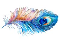 Vibrant watercolor peacock feather with blue eye spot and gradient of pink, orange, and turquoise hues on white background, isolated for design projects.