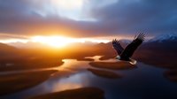 Majestic bald eagle soaring over winding river valley at sunset, dramatic orange sky and mountain silhouettes reflected in calm waters below.