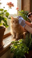 Veterinarian examining orange tabby cat with otoscope during home visit surrounded by houseplants on sunny windowsill for pet healthcare checkup.
