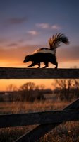 Skunk silhouette walking on wooden fence rail during golden hour sunset with dramatic orange and purple sky colors creating wildlife photography moment.