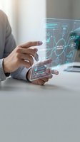 Businessman interacting with futuristic holographic interface displaying data analytics and digital charts for modern technology presentations.