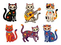 Set of six decorative cats with floral and ornamental patterns, featuring colorful folk art designs. Isolated clipart elements suitable for t-shirt prints, greeting cards, and craft projects.