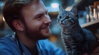 Young caucasian man with beard in blue shirt smiling at gray tabby cat in warm evening light. Close up portrait showing bond between pet owner and feline companion.