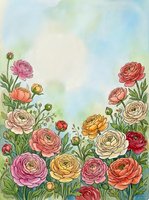 Watercolor ranunculus flowers frame with soft pastel sky background for spring wedding invitations and romantic greeting cards.