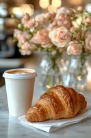 Fresh baked croissant and takeaway coffee cup on marble table with soft pink roses bouquet in background, romantic morning breakfast setting with bokeh lights.