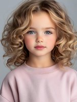 Young girl with blonde curly hair and blue eyes wearing pink sweatshirt against gray background, natural makeup look and soft lighting for fashion or beauty concept.