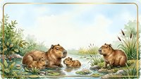 Capybaras resting in shallow water surrounded by aquatic plants and vegetation in natural wetland habitat.