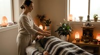 Professional massage therapist providing relaxing spa treatment to client in serene wellness center with warm ambient lighting and natural decor elements.