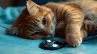 Orange tabby cat lying on blue bedding with paw resting on black smartwatch, showcasing modern pet technology integration and wearable device concepts.