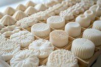 Decorative white wax melts with intricate floral and geometric patterns arranged in wooden tray. Handcrafted aromatic tablets for home fragrance and aromatherapy use.