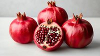 Fresh ripe pomegranates and half cut pomegranate showing juicy red seeds on white background, natural light food photography for healthy eating concept.