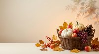 Autumn harvest basket with white pumpkins, apples and colorful fall leaves on neutral background for seasonal decoration and thanksgiving displays.